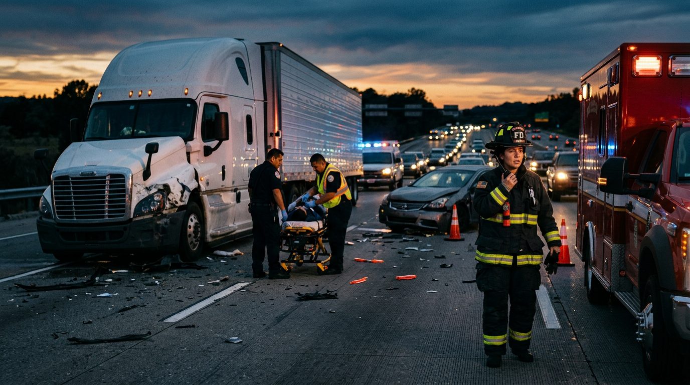 Accidente grave de camión comercial en carretera al atardecer con personas hispanolas.