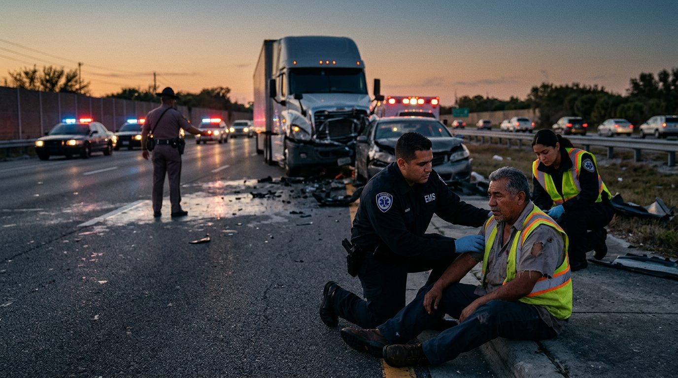 Accidente grave de camión comercial en carretera al atardecer con personas hispanas.