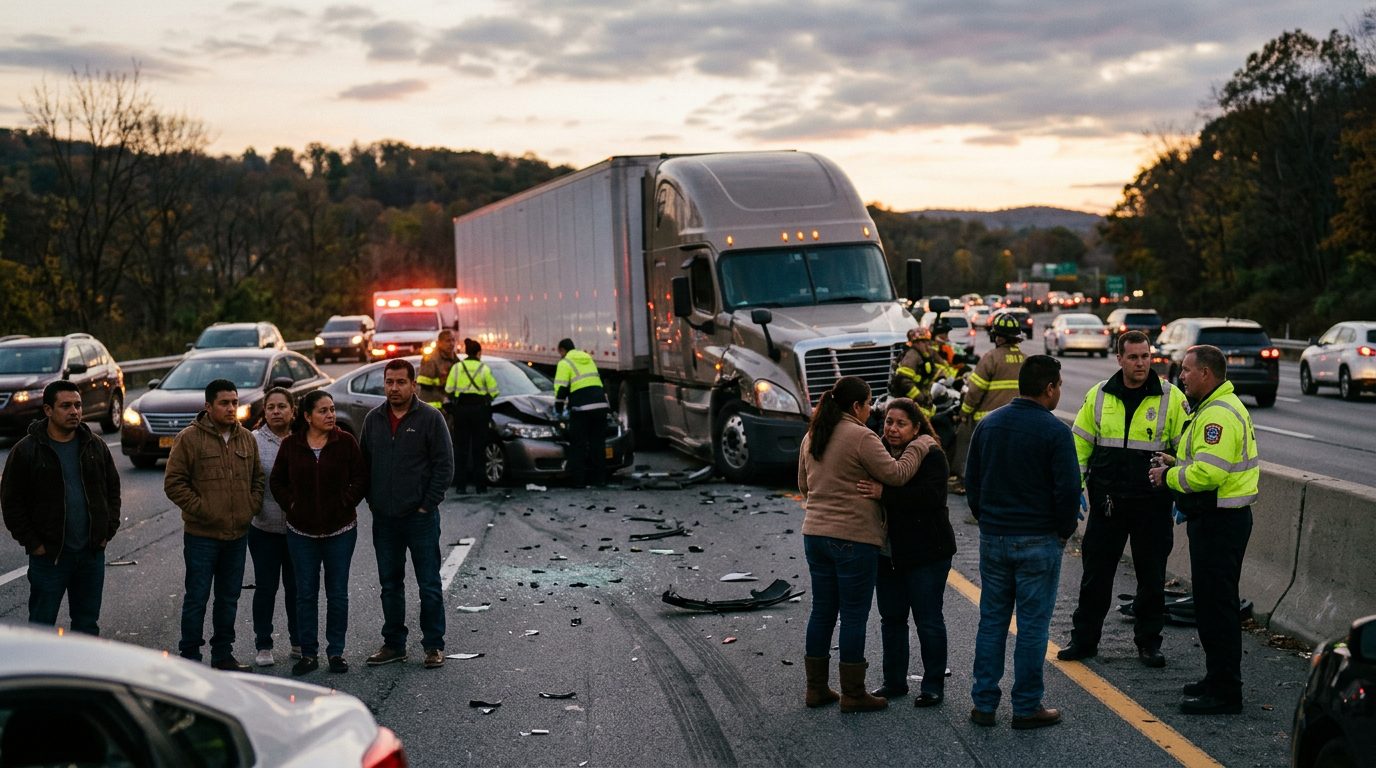 Accidente grave de camión comercial en carretera al atardecer en Westchester.
