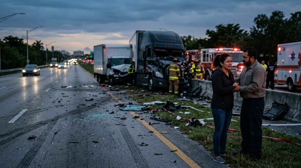 Accidente grave de camión comercial en carretera al atardecer con personas hispanolas.