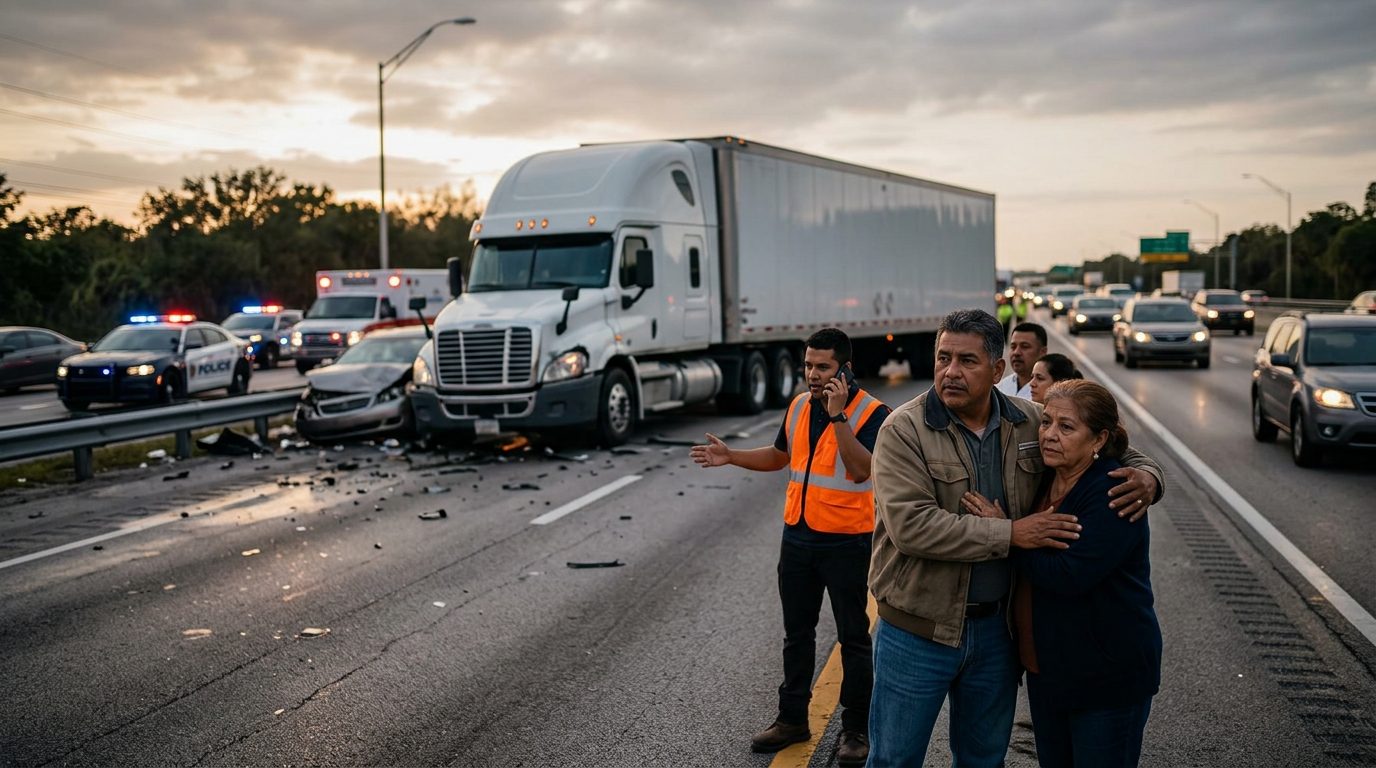 Accidente grave de camión comercial en carretera al atardecer con personas hispanolas.
