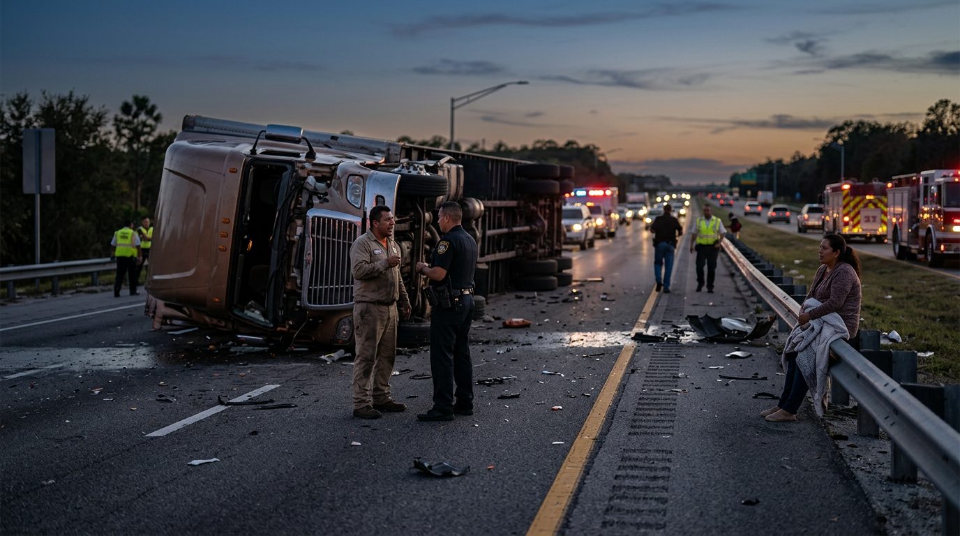 Accidente grave de camión comercial en carretera al atardecer con personas hispanas.