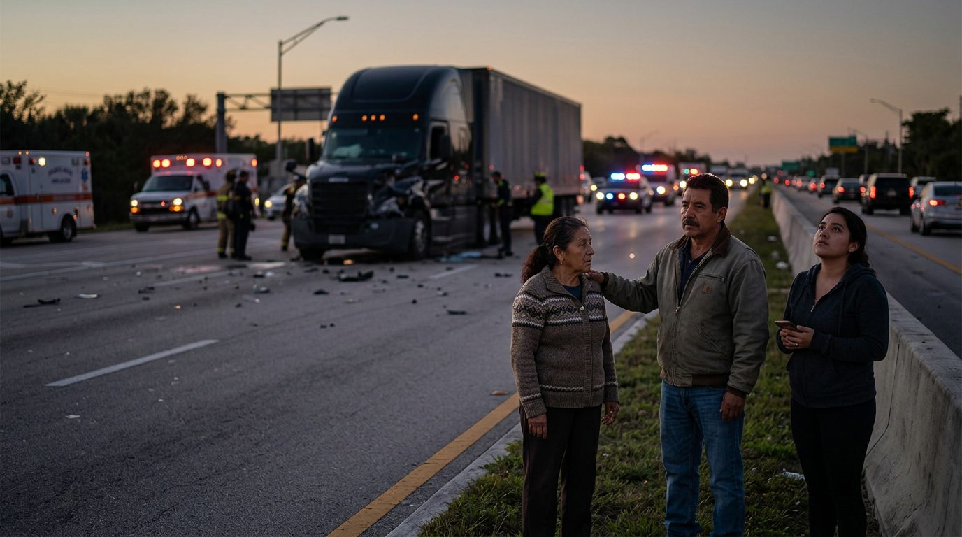 Accidente grave de camión comercial en carretera al atardecer con personas hispanolas.