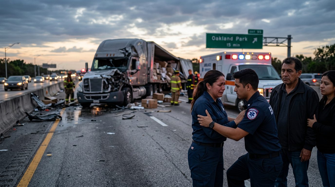 Accidente grave de camión comercial en carretera al atardecer con personas hispanohablantes.
