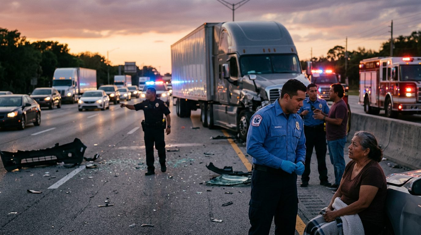 Accidente grave de camión comercial en carretera al atardecer con personas hispanolas.