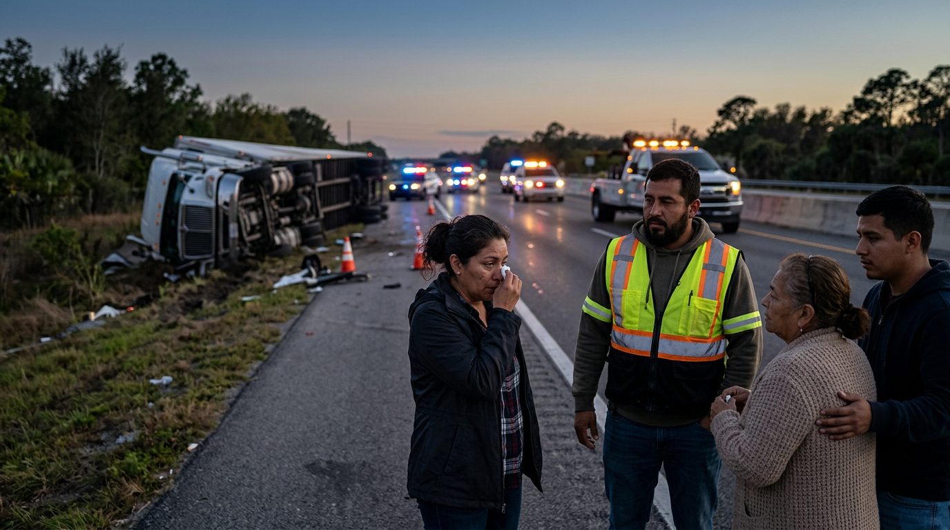 Accidente grave de camión comercial en carretera al atardecer con personas hispanolas.