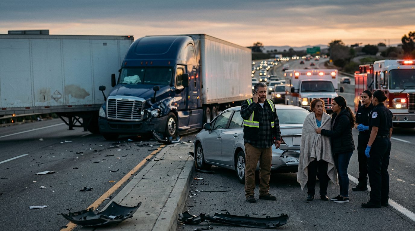Accidente grave de camión comercial en carretera al atardecer con personas hispanas.