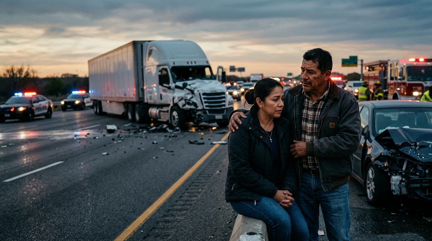 Accidente grave de camión comercial en carretera al atardecer con personas hispanohablantes.