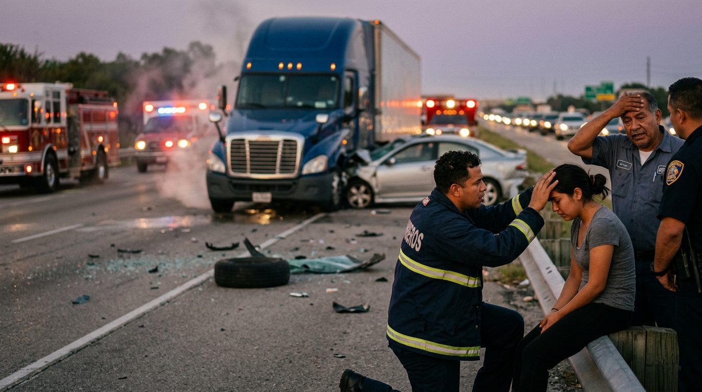 Accidente grave de camión comercial en carretera al atardecer con personas hispanas.