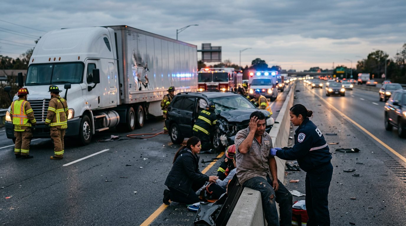 Accidente grave de camión comercial en carretera al atardecer con personas hispanolas.