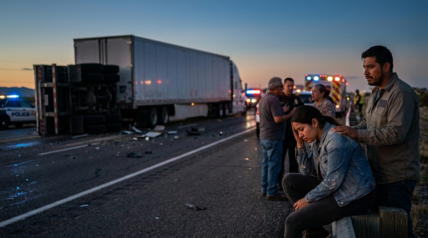 Accidente grave de camión comercial en carretera al atardecer con personas hispanas.
