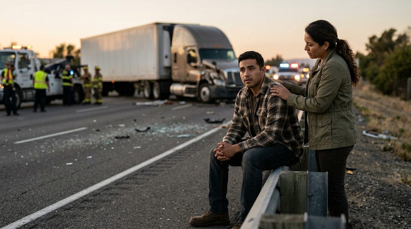 Accidente grave de camión comercial en carretera al atardecer con personas hispanas.