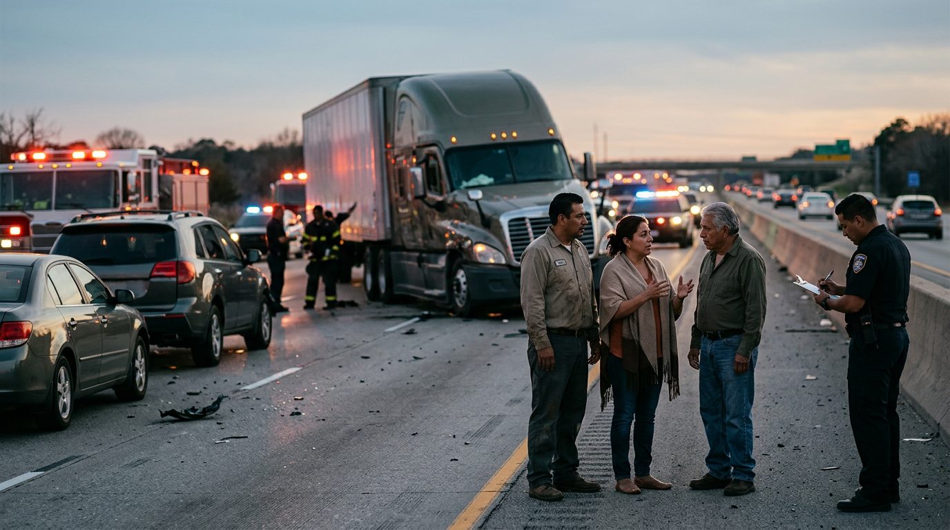 Accidente grave de camión comercial en carretera al atardecer con personas hispanas.