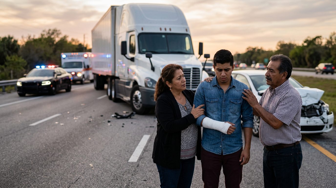 Accidente grave de camión comercial en carretera al atardecer con personas hispanas.