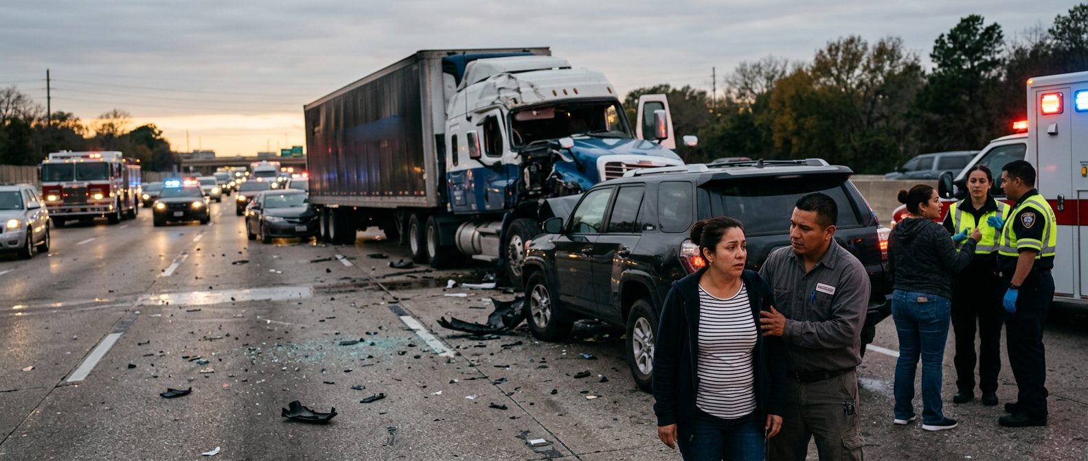 Accidente grave de camión comercial en carretera al atardecer con personas hispanas.