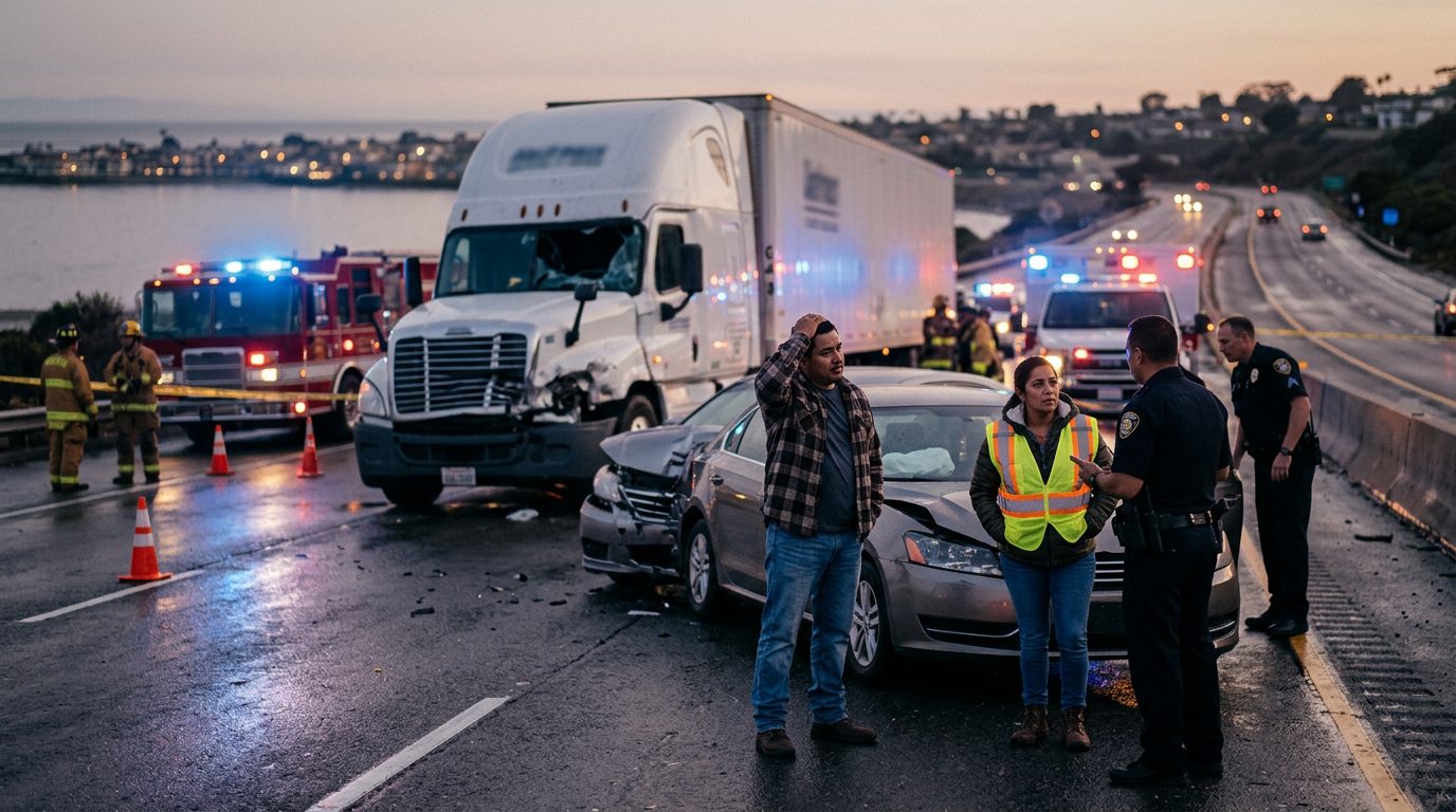 Accidente grave de camión comercial en carretera al atardecer con personas hispanas.