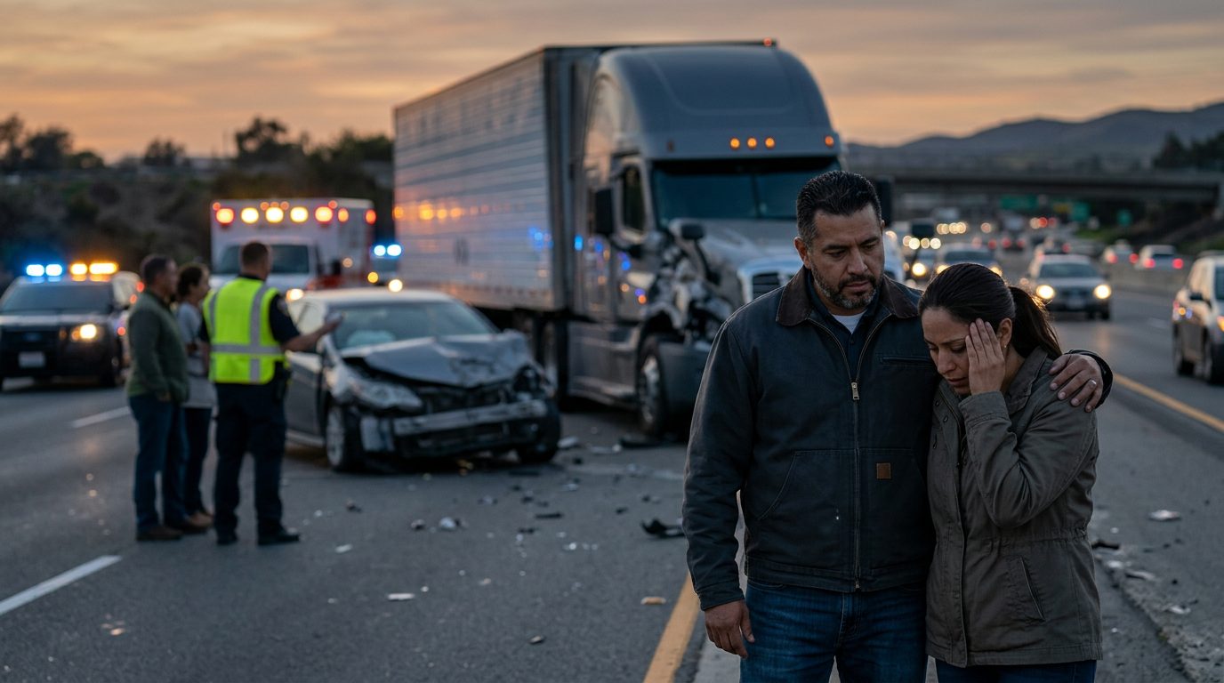 Accidente grave de camión comercial en carretera al atardecer con personas hispanas.