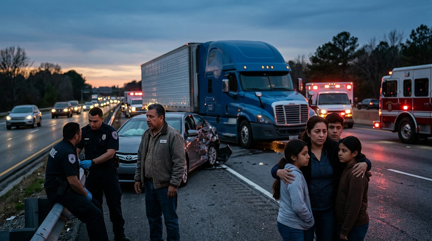 Accidente grave de camión comercial en carretera al atardecer con personas hispanas.