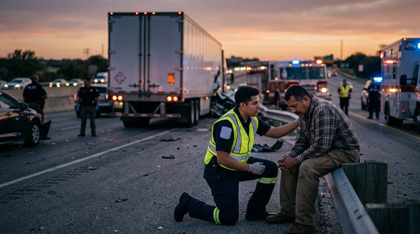 Accidente grave de camión comercial en carretera al atardecer con personas hispanolas.
