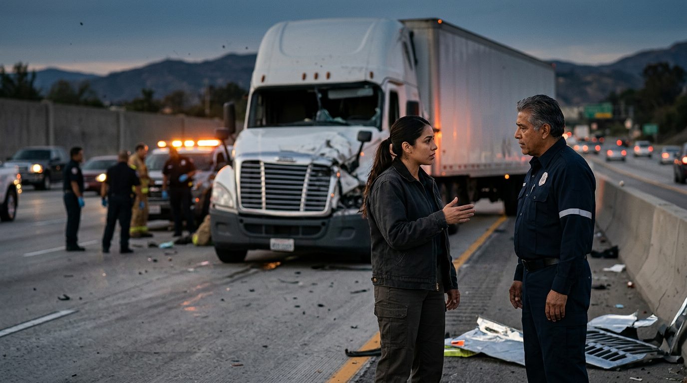 Accidente grave de camión comercial en carretera al atardecer con personas hispanas.