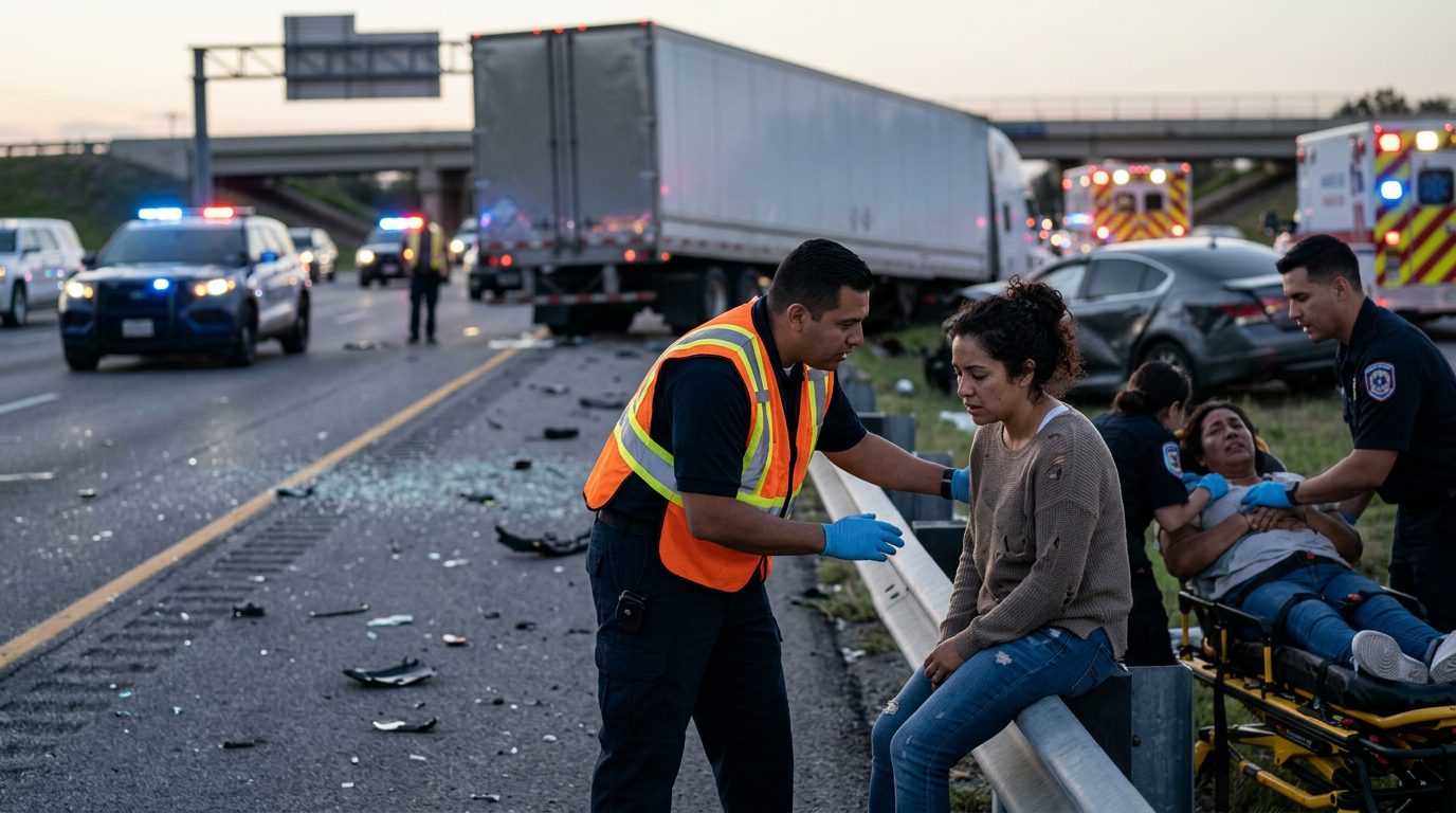 Accidente grave de camión comercial en carretera al atardecer con personas hispanas.