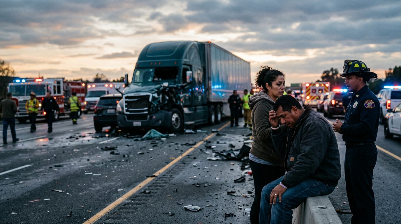 Accidente grave de camión comercial en carretera al atardecer con personas hispanas.