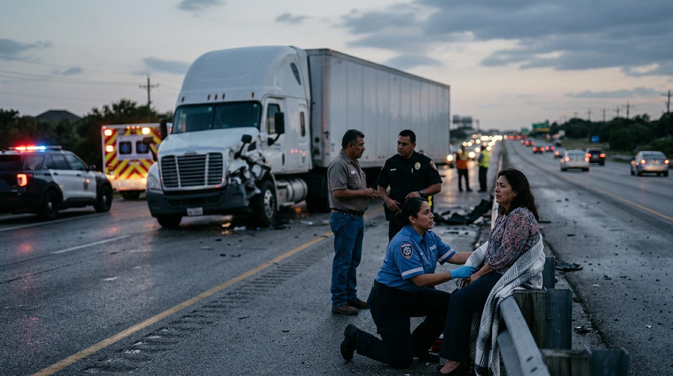 Accidente grave de camión comercial en carretera al atardecer con personas hispanas.