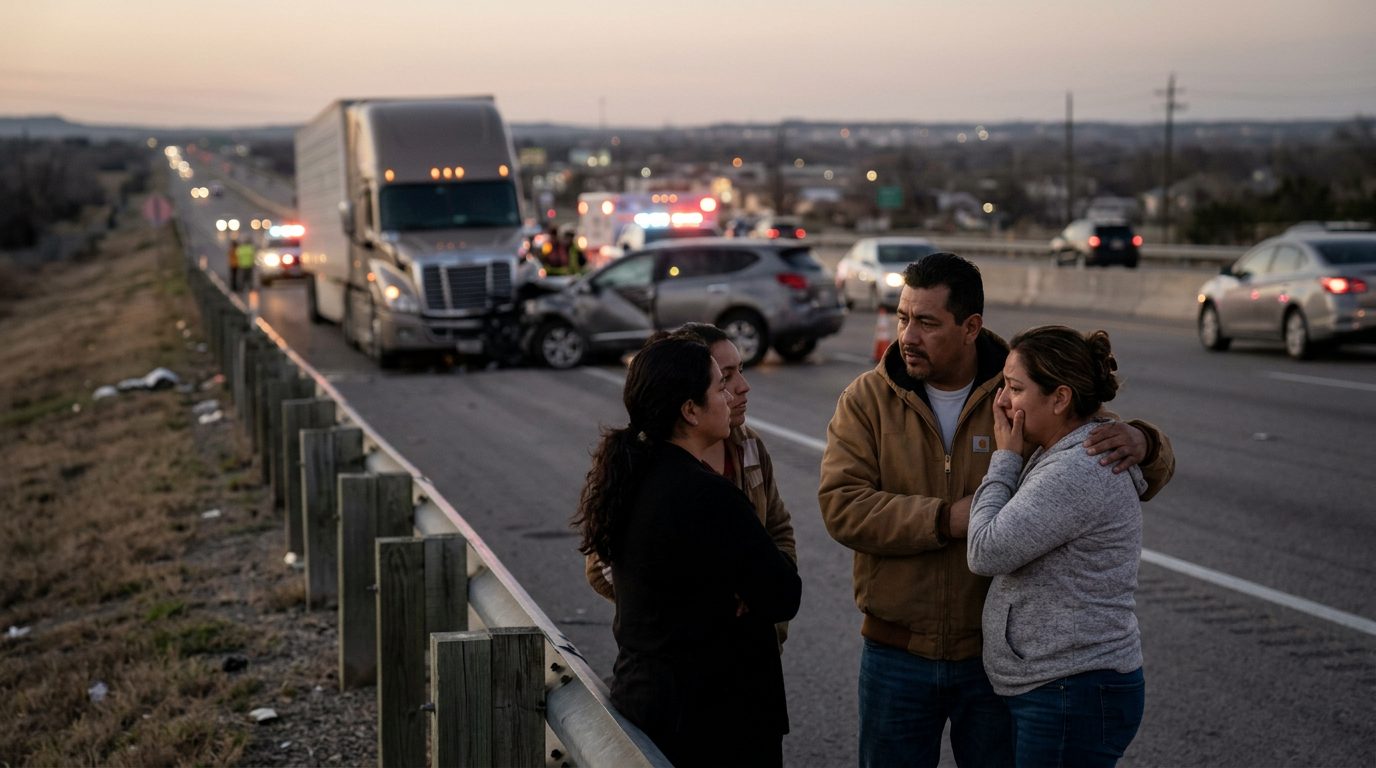 Accidente grave de camión comercial en carretera al atardecer con personas hispanas.