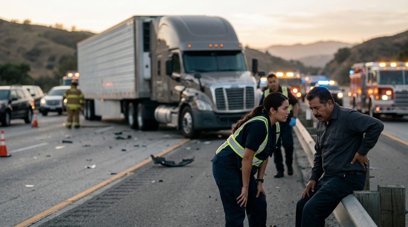 Accidente grave de camión comercial en carretera al atardecer con personas hispanolas.