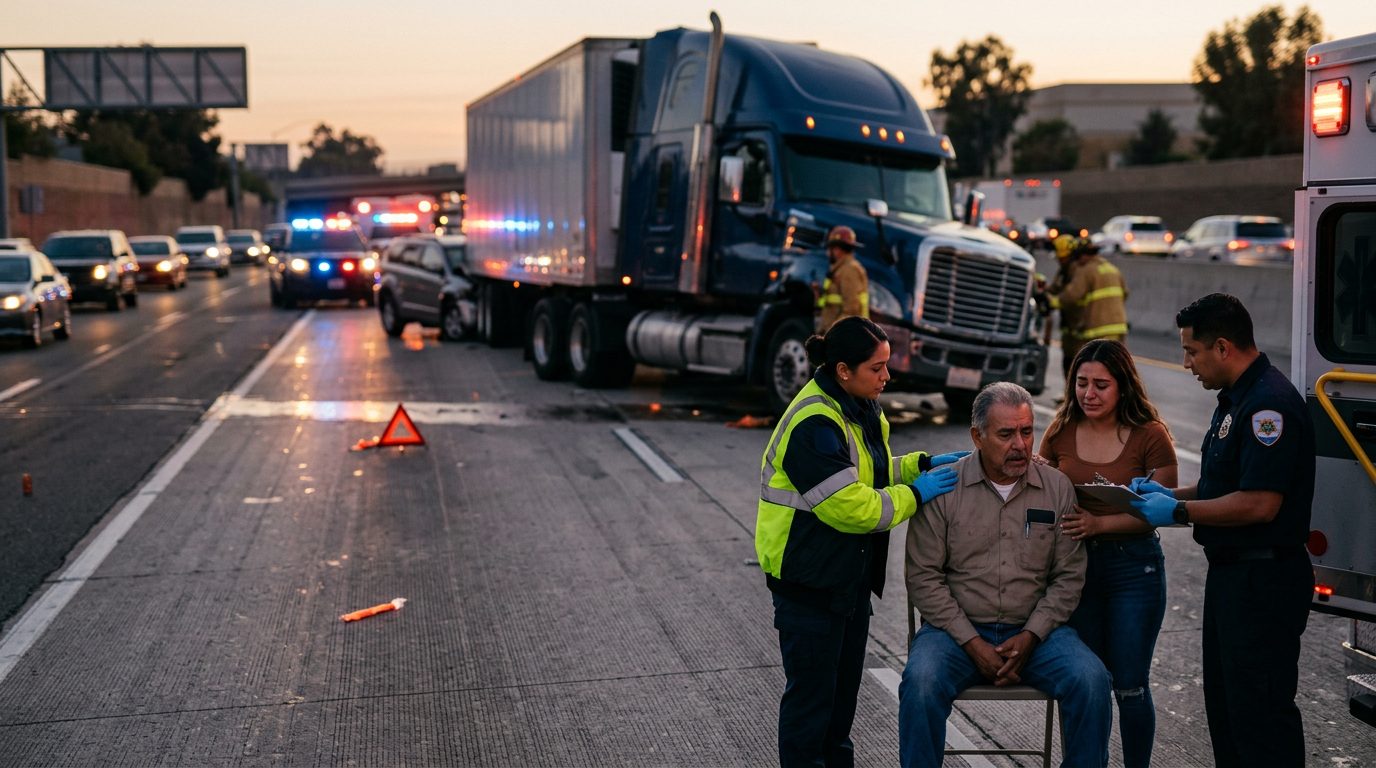Accidente grave de camión comercial en carretera al atardecer con personas hispanas.