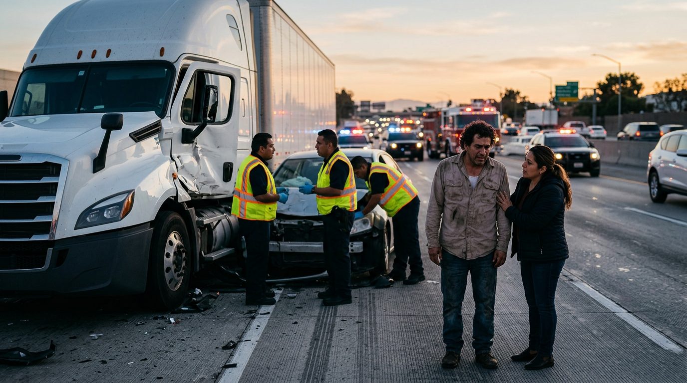 Accidente grave de camión comercial en carretera al atardecer con personas hispanolas.
