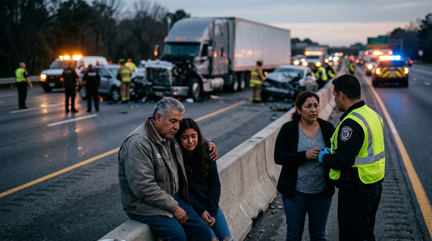 Accidente grave de camión comercial en carretera al atardecer con personas hispanolas.