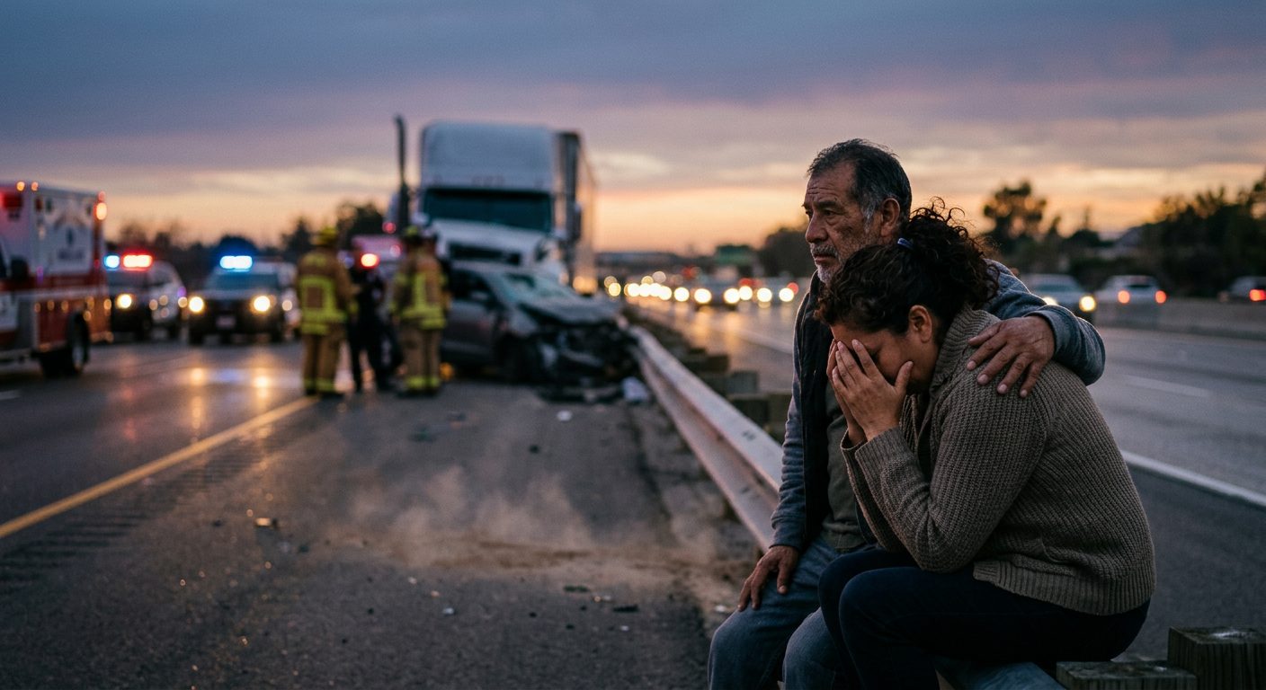 Accidente grave de camión comercial en carretera al atardecer con personas hispanas.