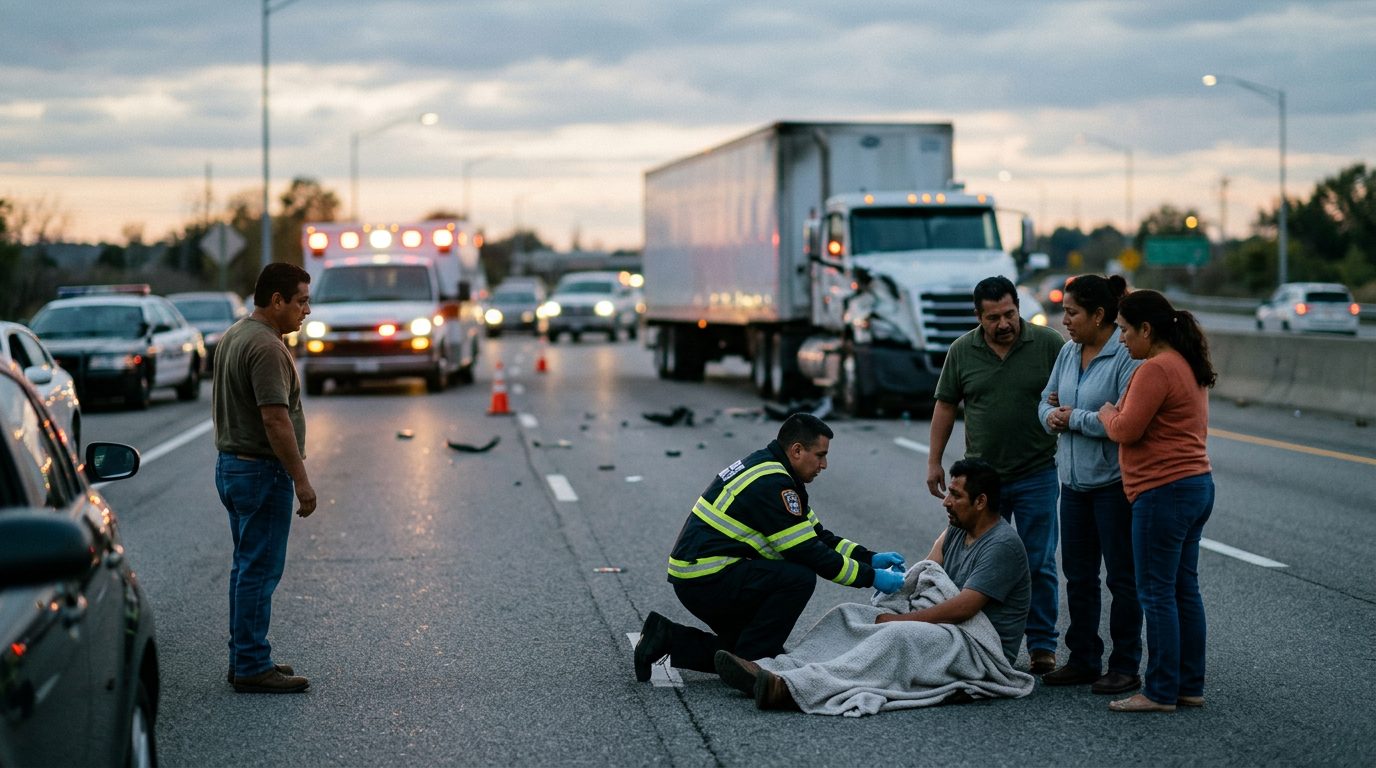 Accidente grave de camión comercial en carretera al atardecer con personas hispanolas.