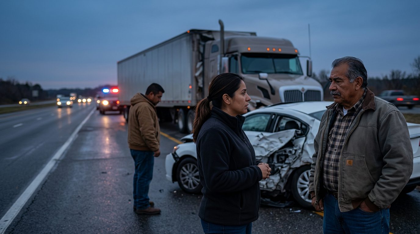 Accidente grave de camión comercial en carretera al atardecer con personas hispanohablantes.