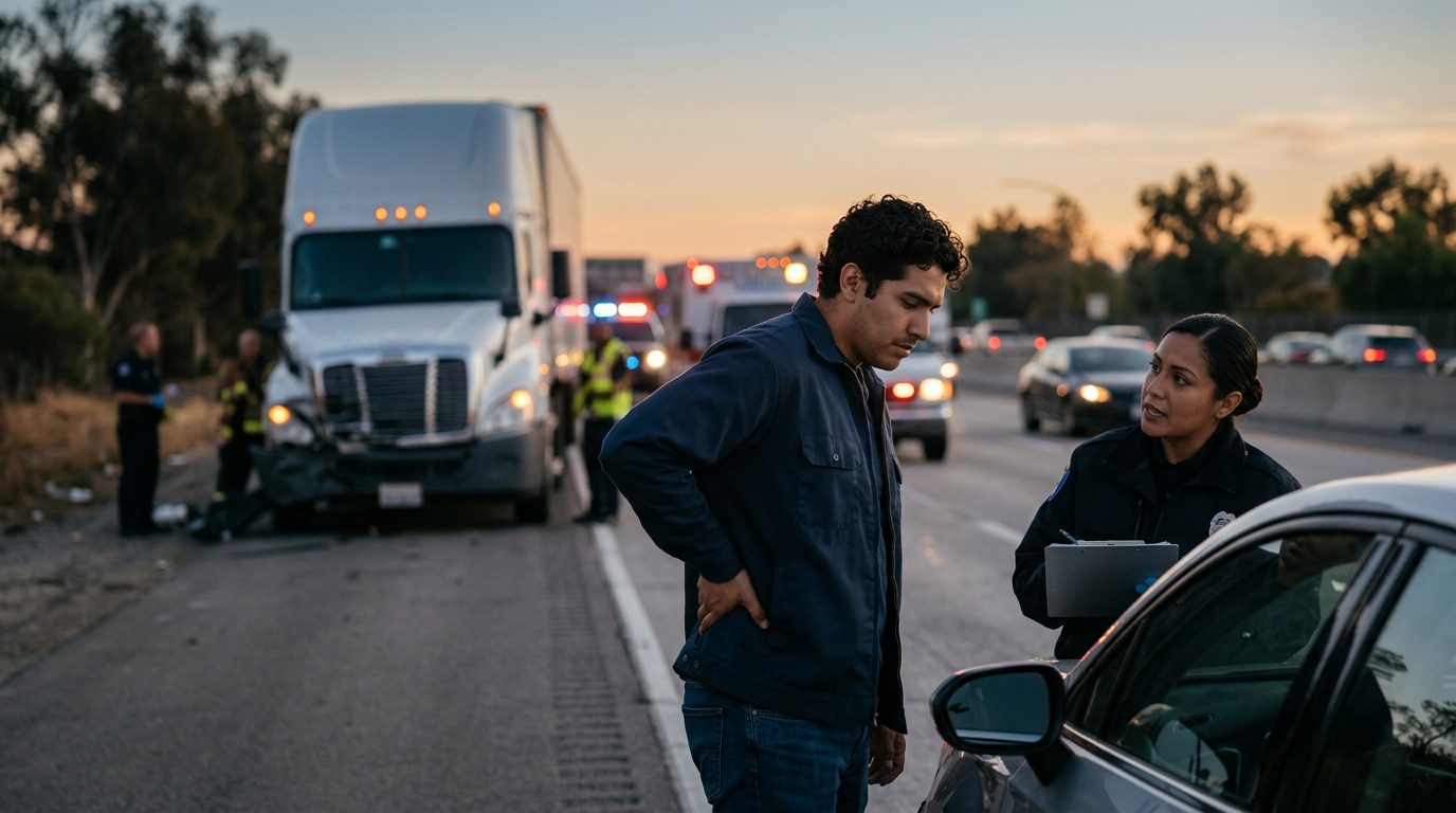 Accidente grave de camión comercial en carretera al atardecer con personas hispanohablantes.