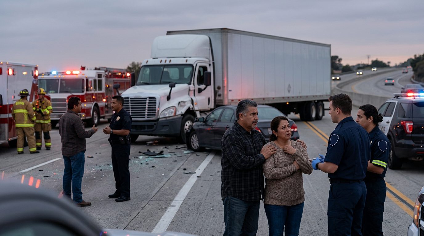 Accidente grave de camión comercial en carretera al atardecer con personas hispanolas.