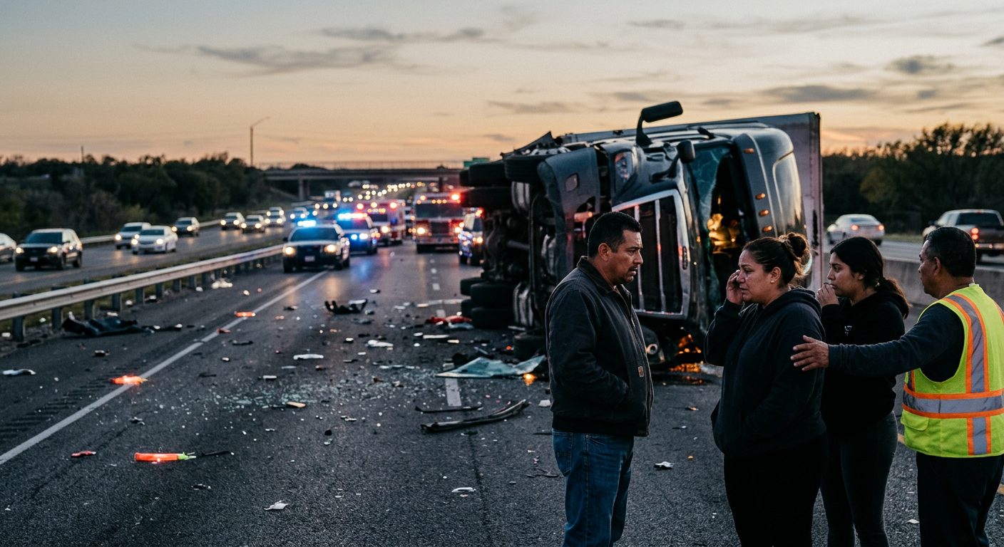 Accidente grave de camión comercial en carretera al atardecer con personas hispanohablantes.