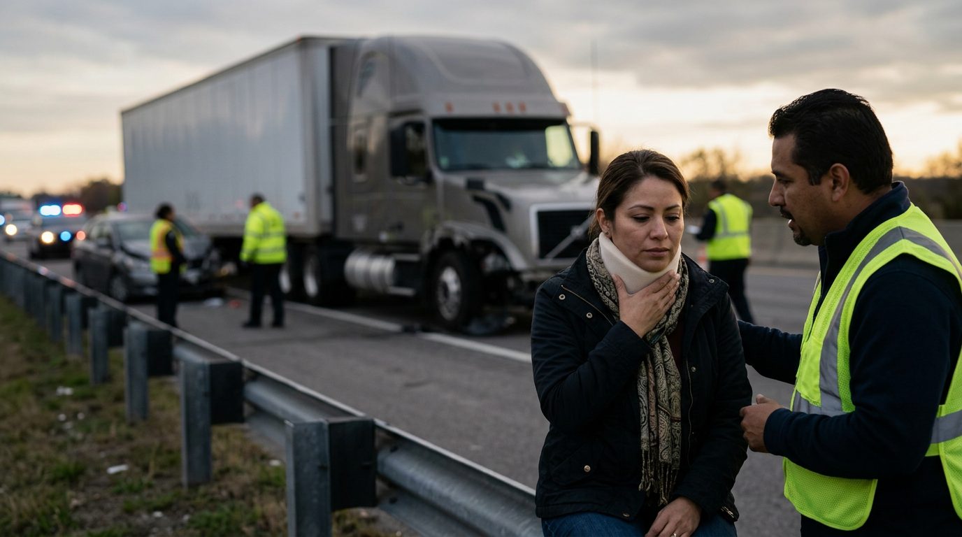 Accidente grave de camión comercial en carretera al atardecer con personas hispanohablantes.