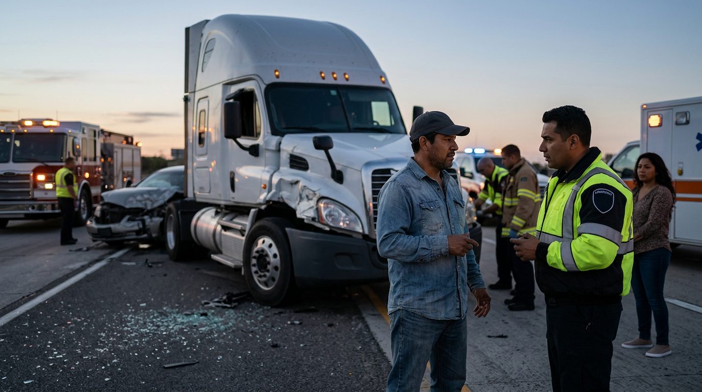 Accidente grave de camión comercial en carretera al atardecer con personas hispanolas.