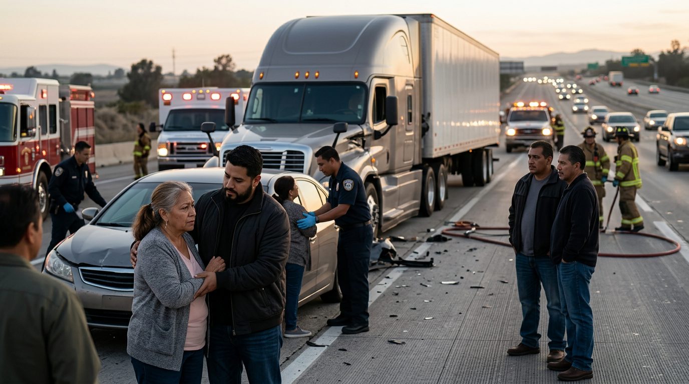 Accidente grave de camión comercial en carretera al atardecer con personas hispanolas.