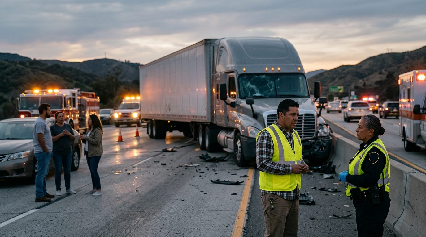 Accidente grave de camión comercial en carretera al atardecer con personas hispanas.