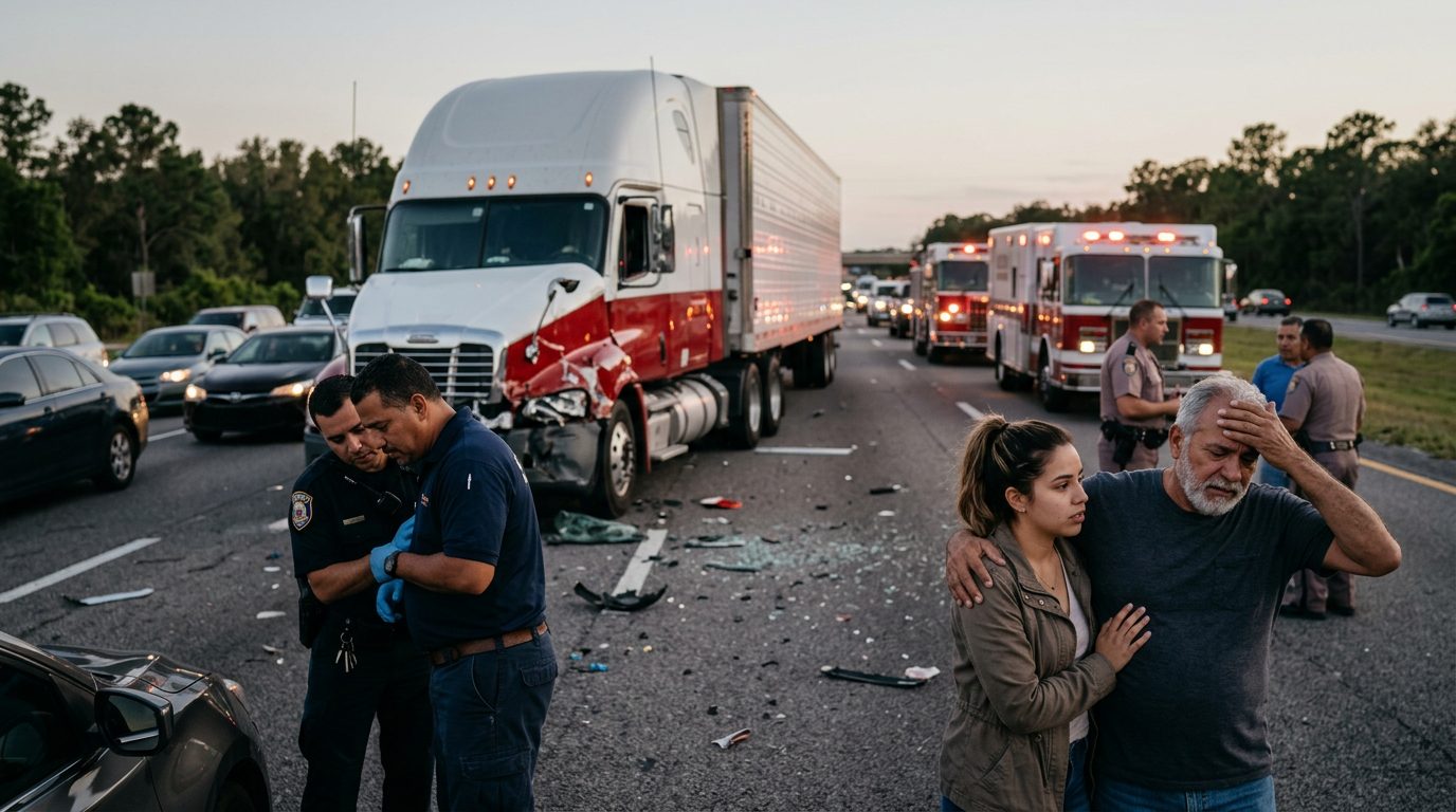 Accidente grave de camión comercial en carretera al atardecer con personas hispanas.