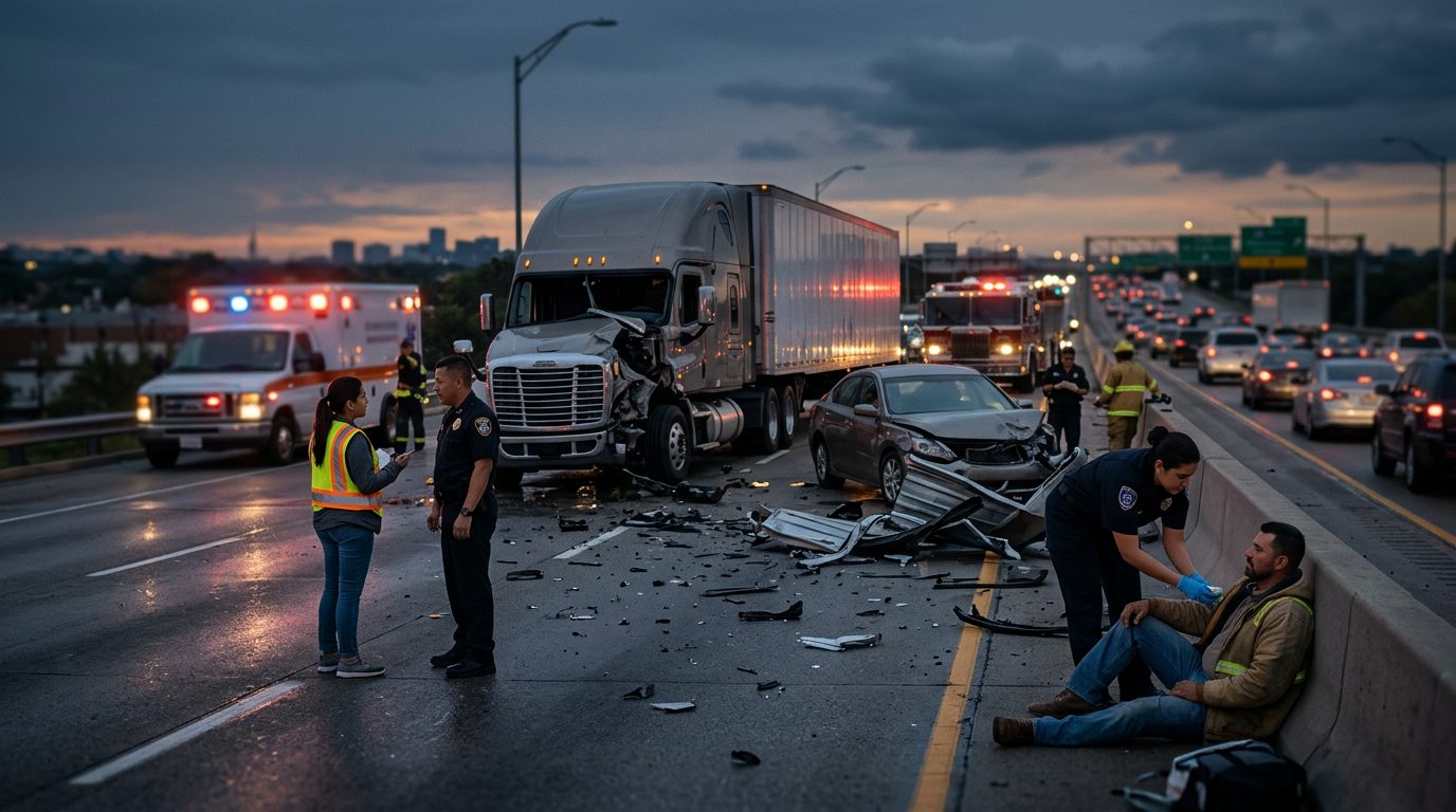 Accidente grave de camión comercial en carretera al atardecer con personas hispanas.