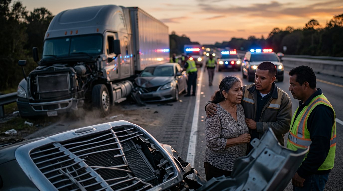 Accidente grave de camión comercial en carretera al atardecer con personas hispanas.
