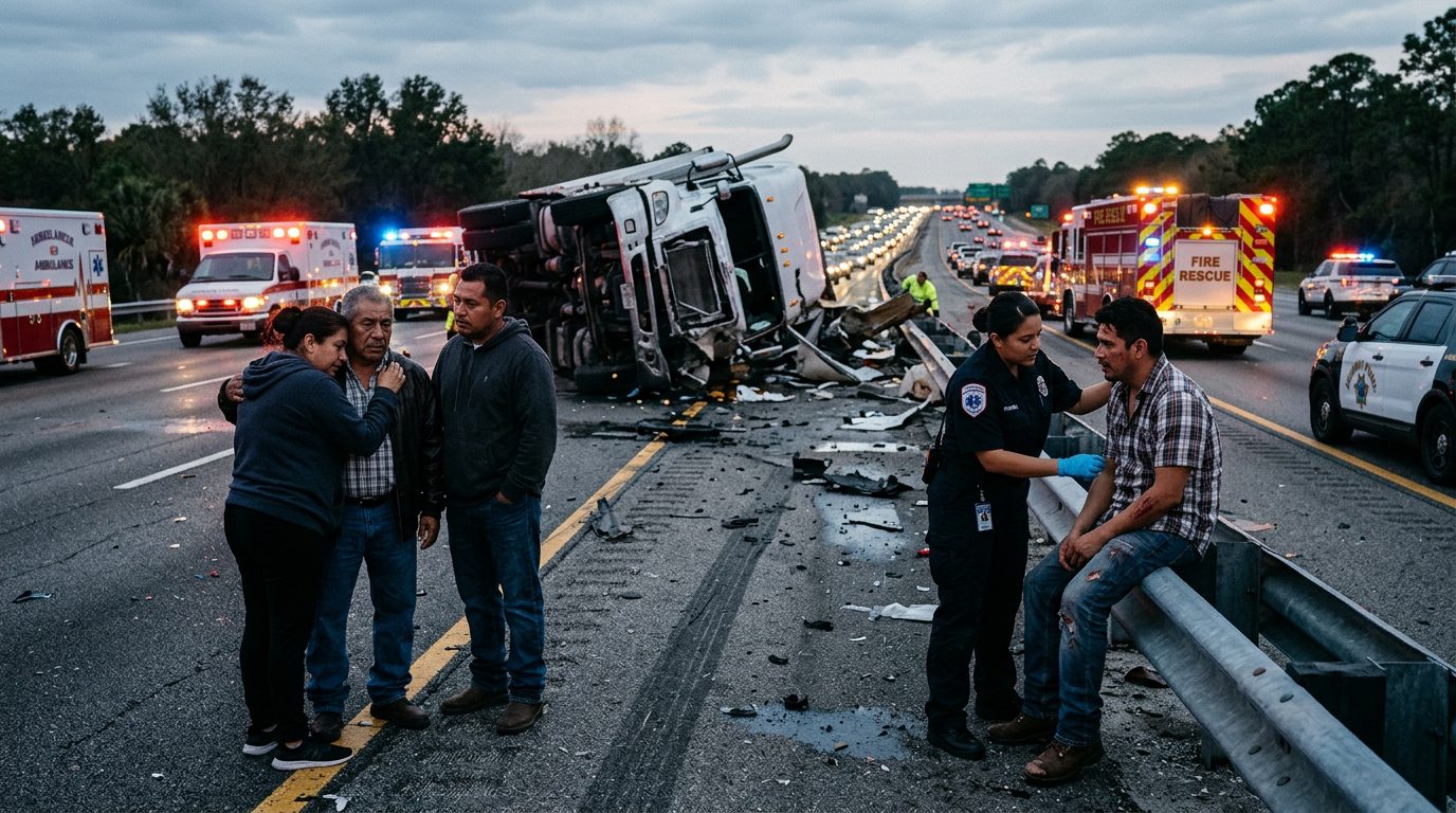Accidente grave de camión comercial en carretera al atardecer con personas hispanolas.