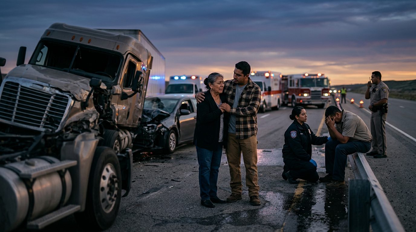 Accidente grave de camión comercial en carretera al atardecer con personas hispanolas.