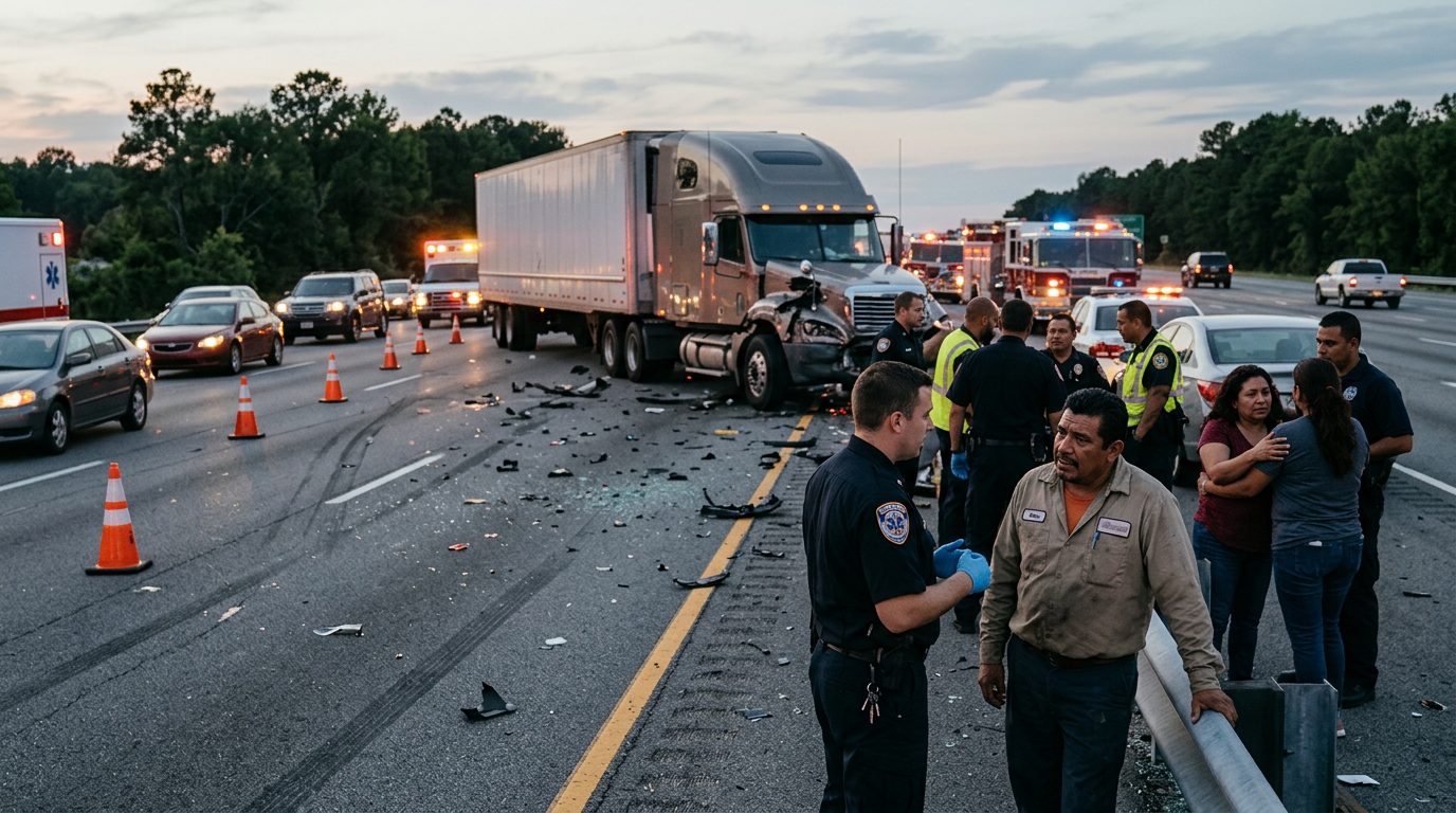 Accidente grave de camión comercial en carretera al atardecer con personas hispanas.
