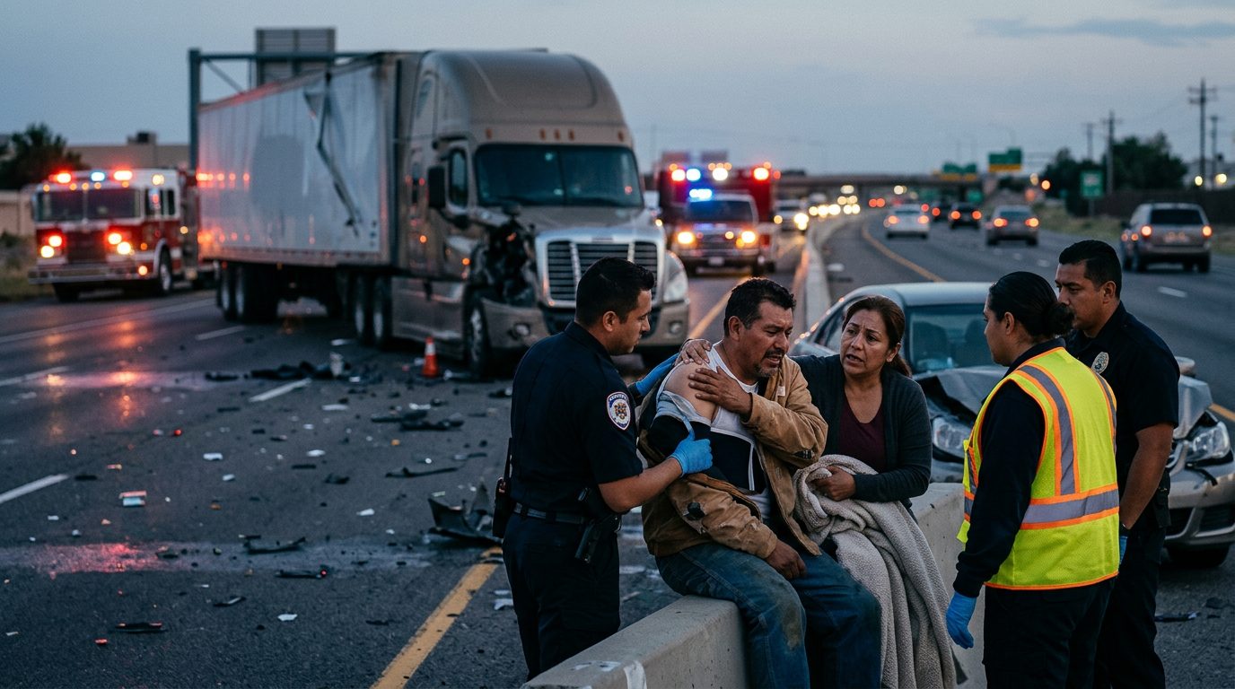 Accidente grave de camión comercial en carretera al atardecer con personas hispanas.