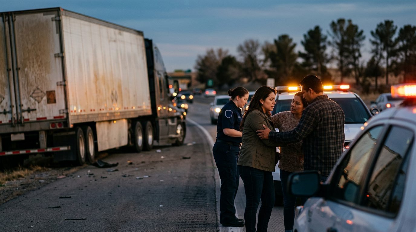 Accidente grave de camión comercial en carretera al atardecer con personas hispanohablantes.